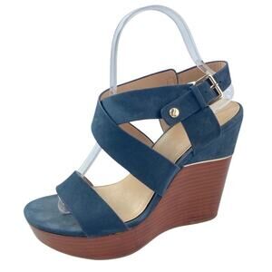 Aldo Women's Navy Blue Suede Leather Strappy Open Toe Wedge Heels Sandals Size 8